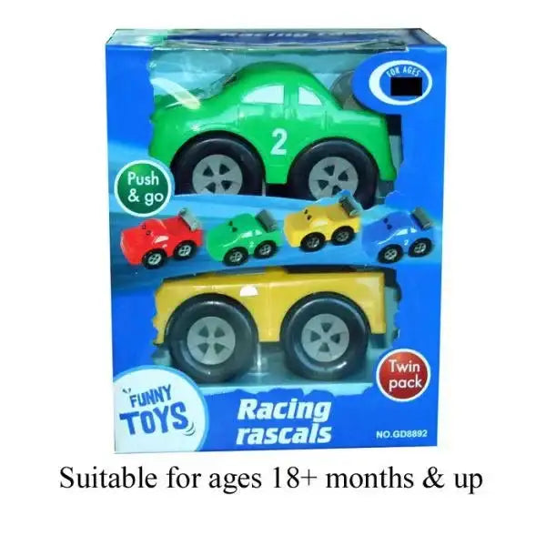 Push and go toy car twin pack for toddlers, colorful racing rascals in retail packaging.