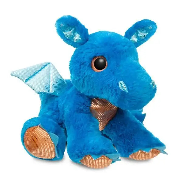Blue plush dragon with sequin wings and copper accents, perfect for kids' gifts and home décor