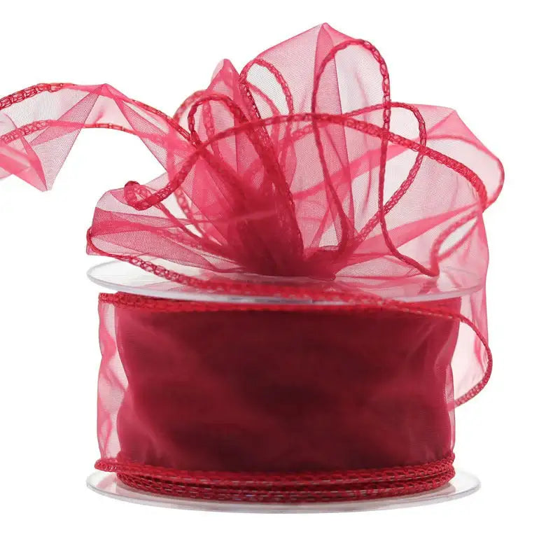 Red sheer organza ribbon with wired edges, perfect for gift wrapping and home décor accents
