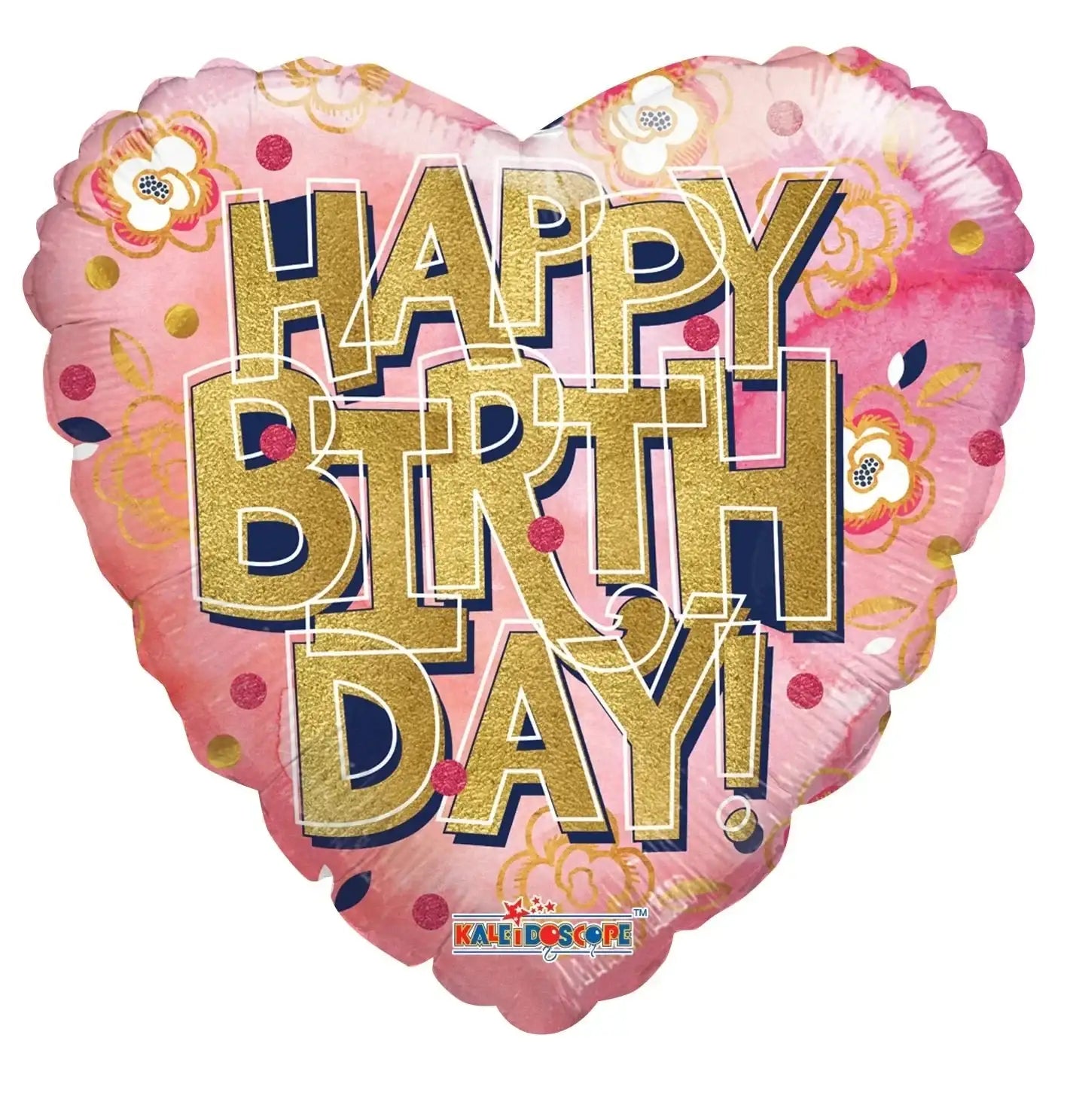 Pink heart-shaped birthday balloon with gold 'Happy Birthday' text, floral design, perfect for celebrations and gifts.