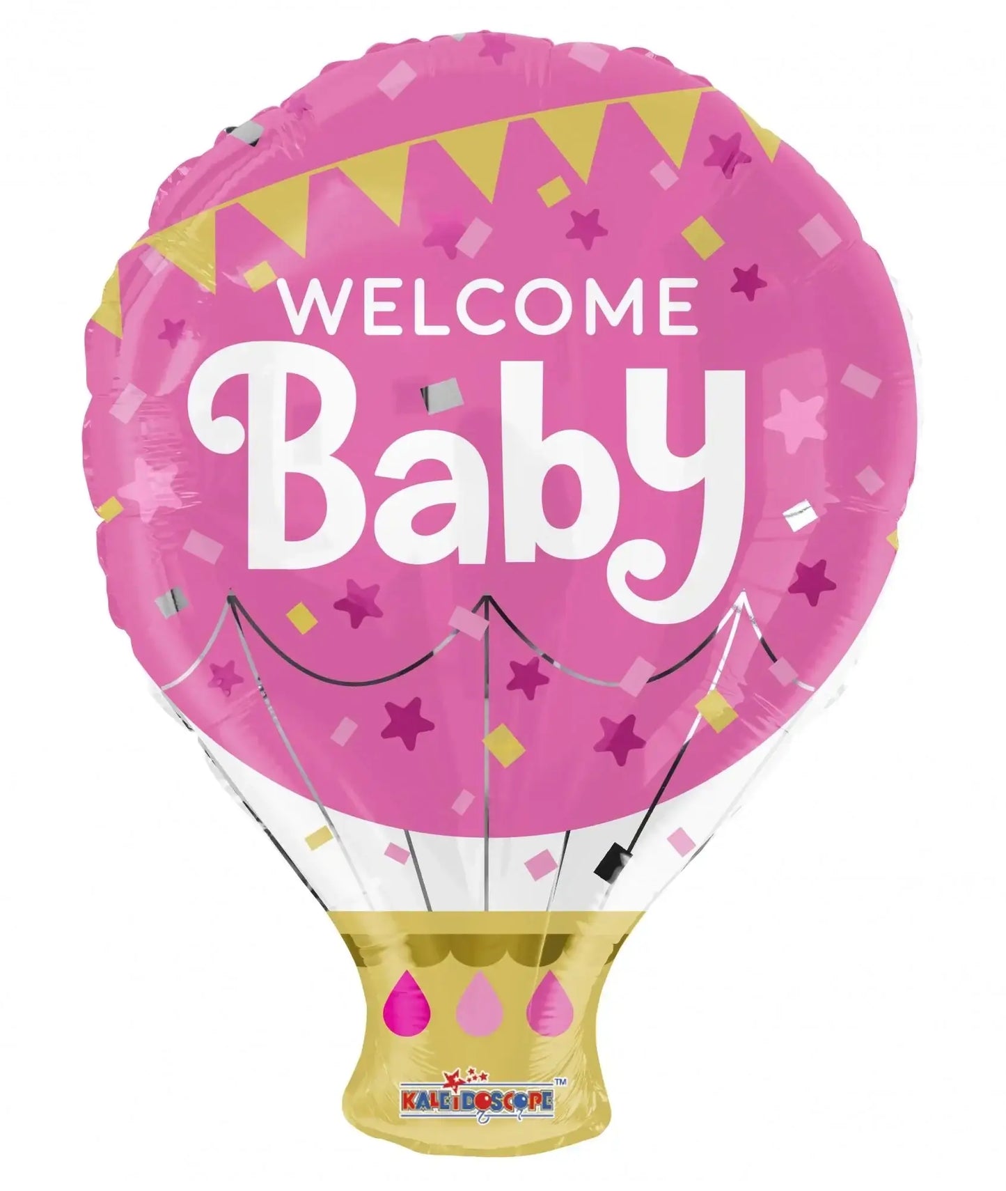 Pink hot air balloon balloon with 'Welcome Baby' text, stars, and confetti for baby shower celebrations