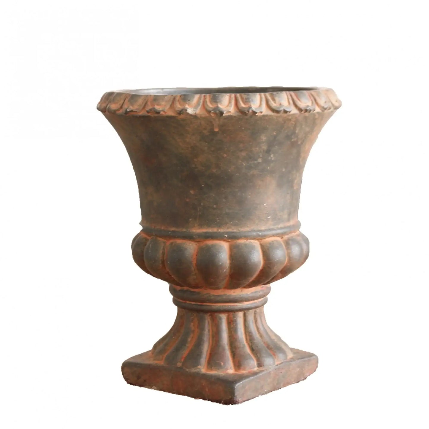 Rustic terracotta urn with scalloped rim and pedestal base, ideal for home décor or gifting