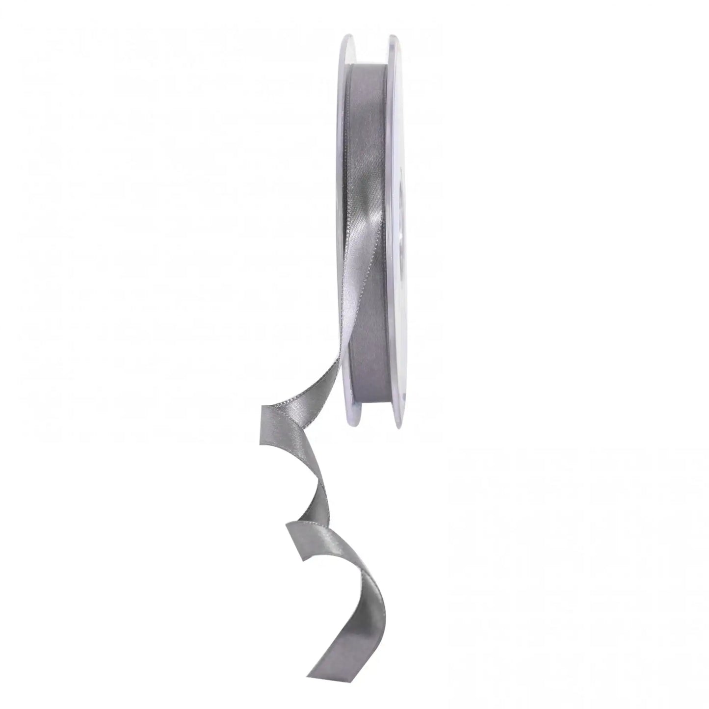 Silver satin ribbon on spool for gift wrapping and home décor, perfect for birthdays and celebrations
