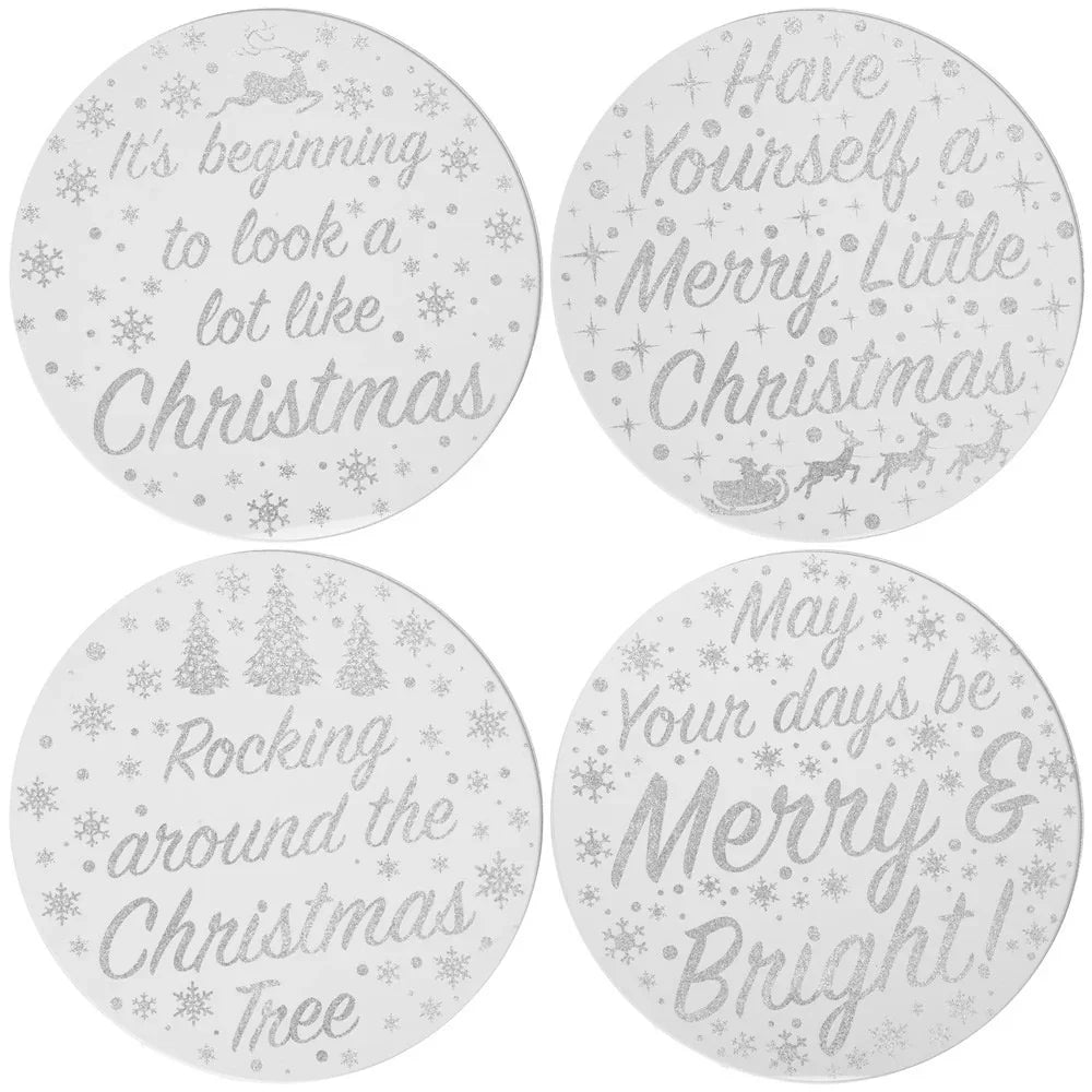 Silver Glitter Xmas Candle Plates / Coasters - 20cm