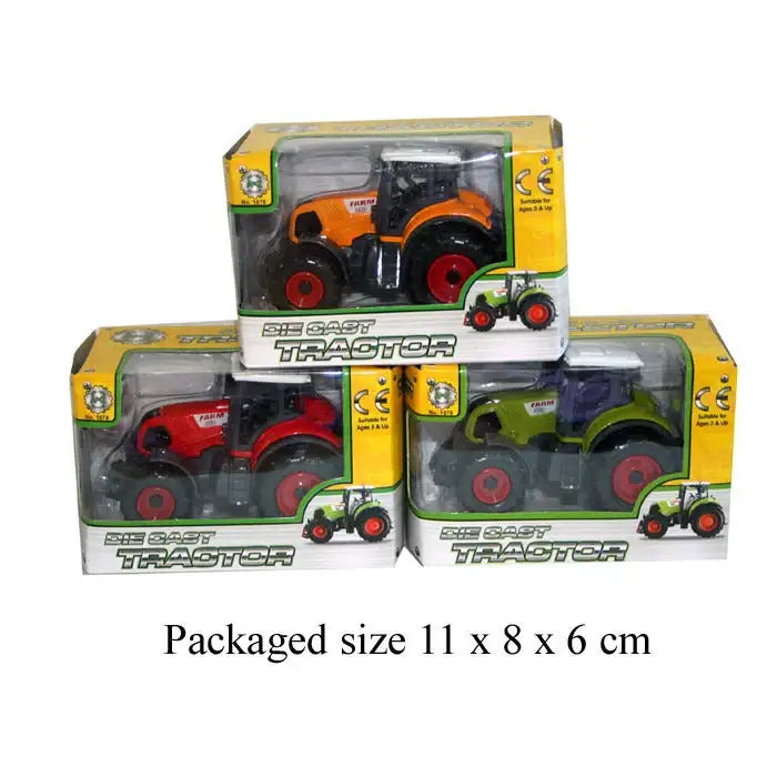 Die-cast tractor toys in colorful packaging, perfect for kids’ gifts and farm-themed playsets