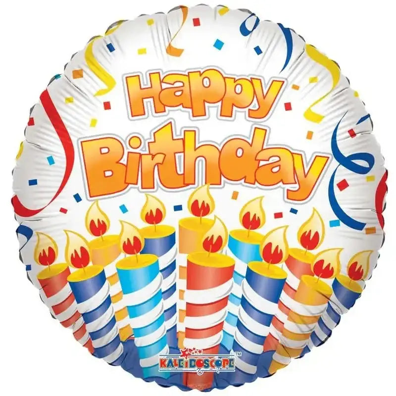 Happy Birthday balloon with colorful candles and confetti, perfect for birthday celebrations and party décor