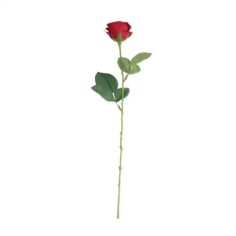 Red rose with green stem and leaves, perfect for gifts and home décor
