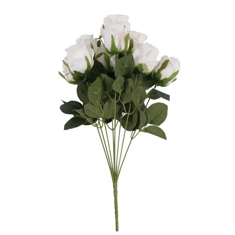 White artificial roses with green leaves, perfect for home décor and gift occasions