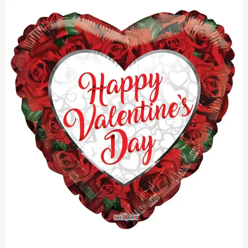 Heart-shaped Valentine's Day balloon with red roses and 'Happy Valentine's Day' text, perfect for romantic gifts and home décor.