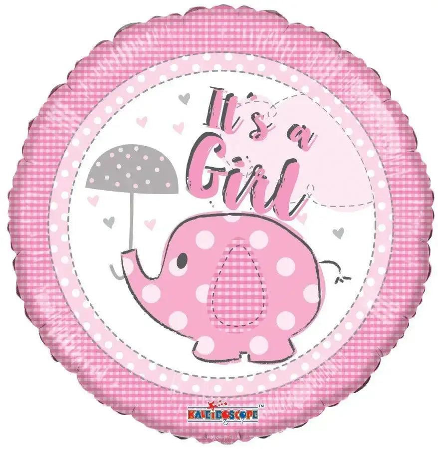 Pink round balloon with polka dot elephant, umbrella, and 'It's a Girl' for baby shower