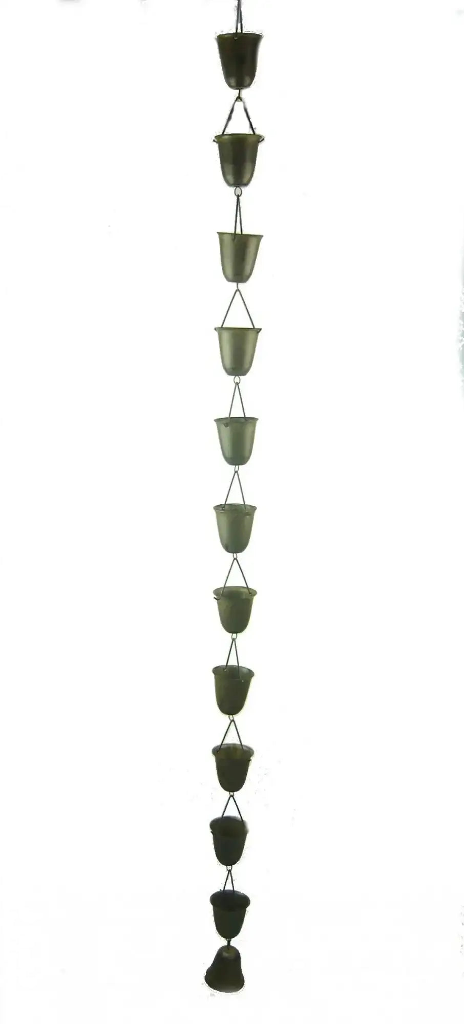 Hanging metal rain chain with cascading cups and bell, perfect for garden or home décor
