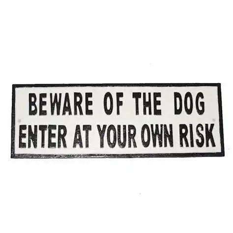 Rectangular metal sign with bold text reading Beware of the Dog Enter At Your Own Risk, home decor gift