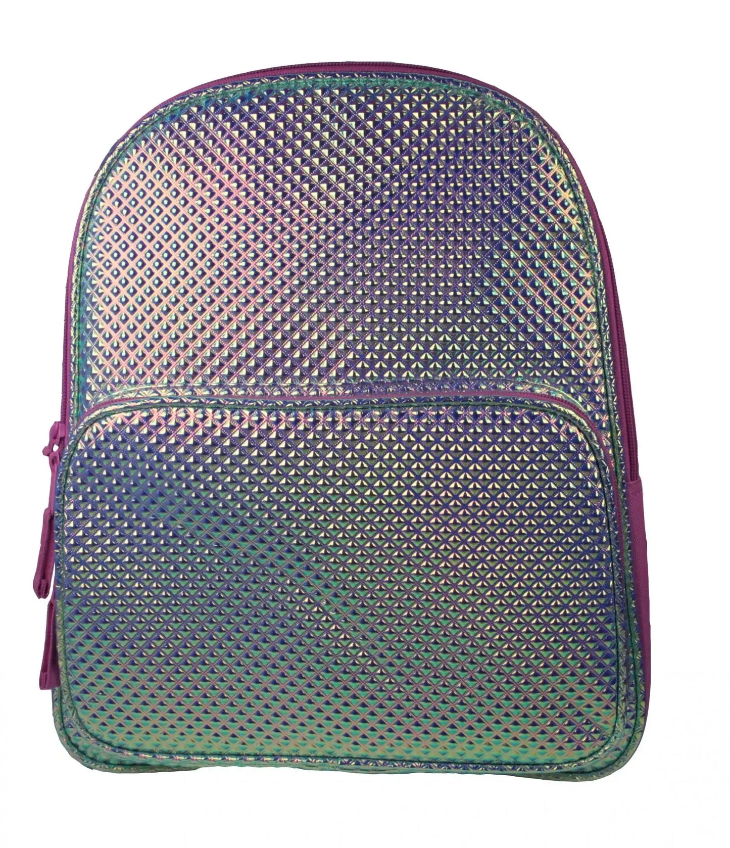 Iridescent holographic backpack with geometric triangle pattern and purple trim, perfect for school or travel
