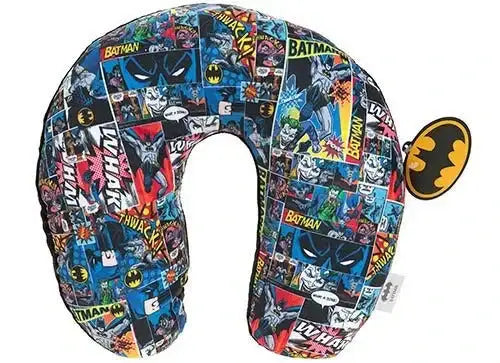 Batman comic strip travel neck pillow with black and yellow logo tag