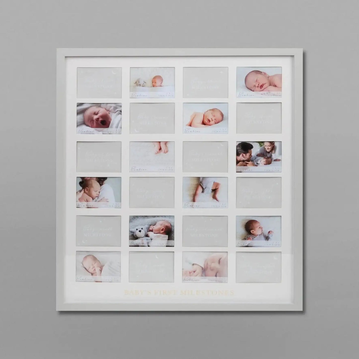 Baby's first milestones photo frame with multiple baby pictures and milestone cards on a grey wall.