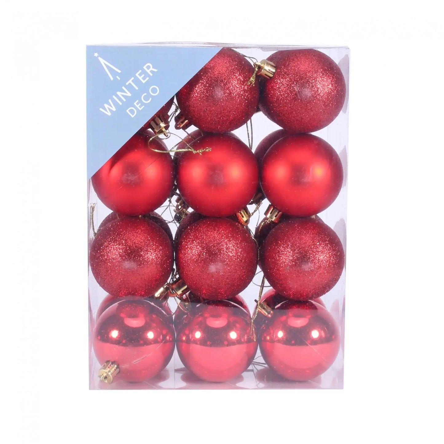 Red glitter and matte Christmas ornaments in clear box, winter holiday decor for tree or home