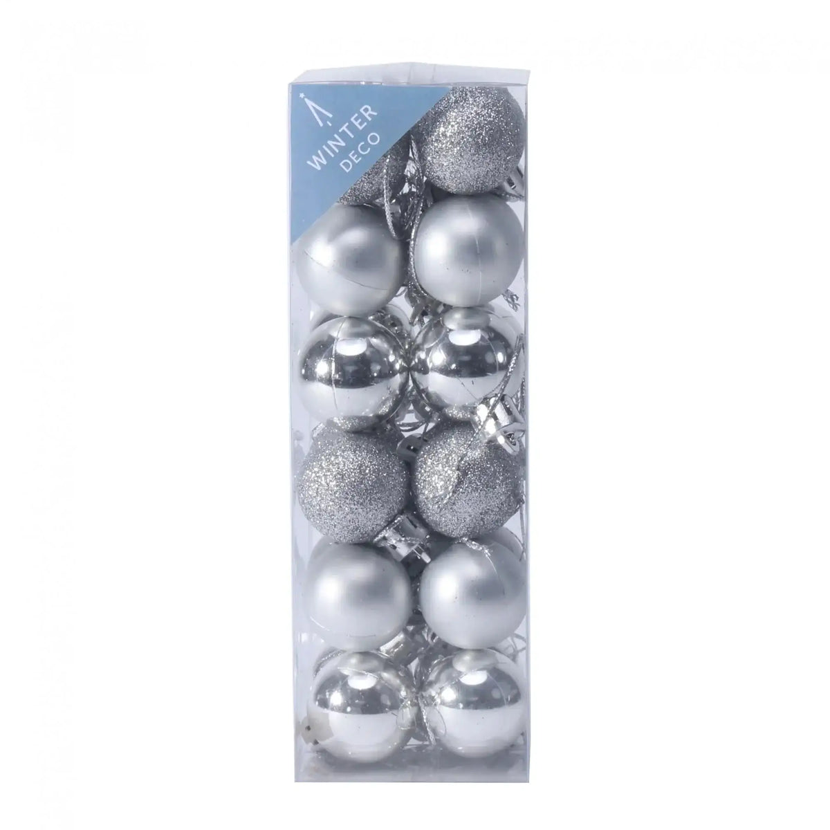 Silver Christmas baubles in clear box, assorted finishes for winter decor and festive home styling