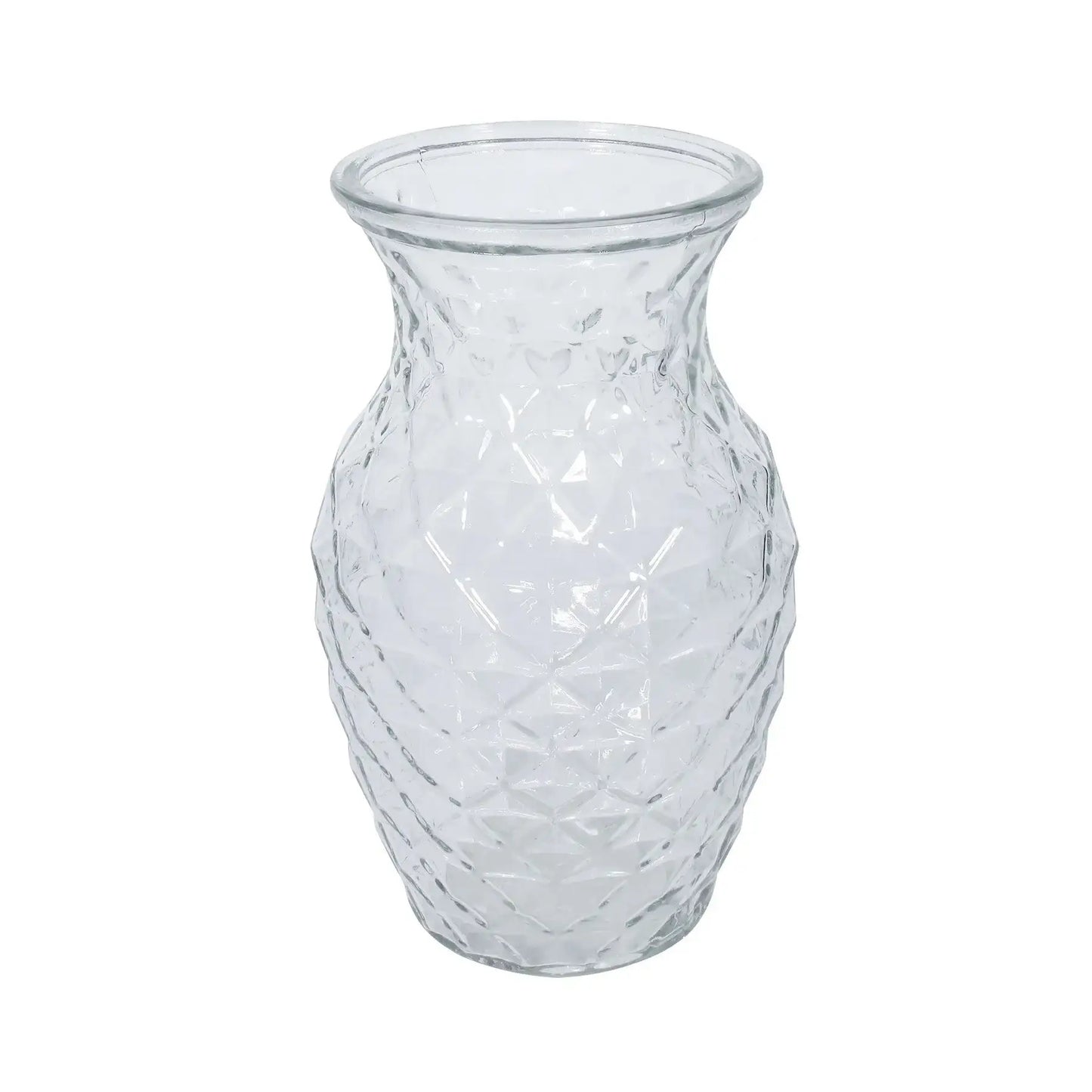 Clear glass vase with diamond pattern, perfect for home décor and floral arrangements