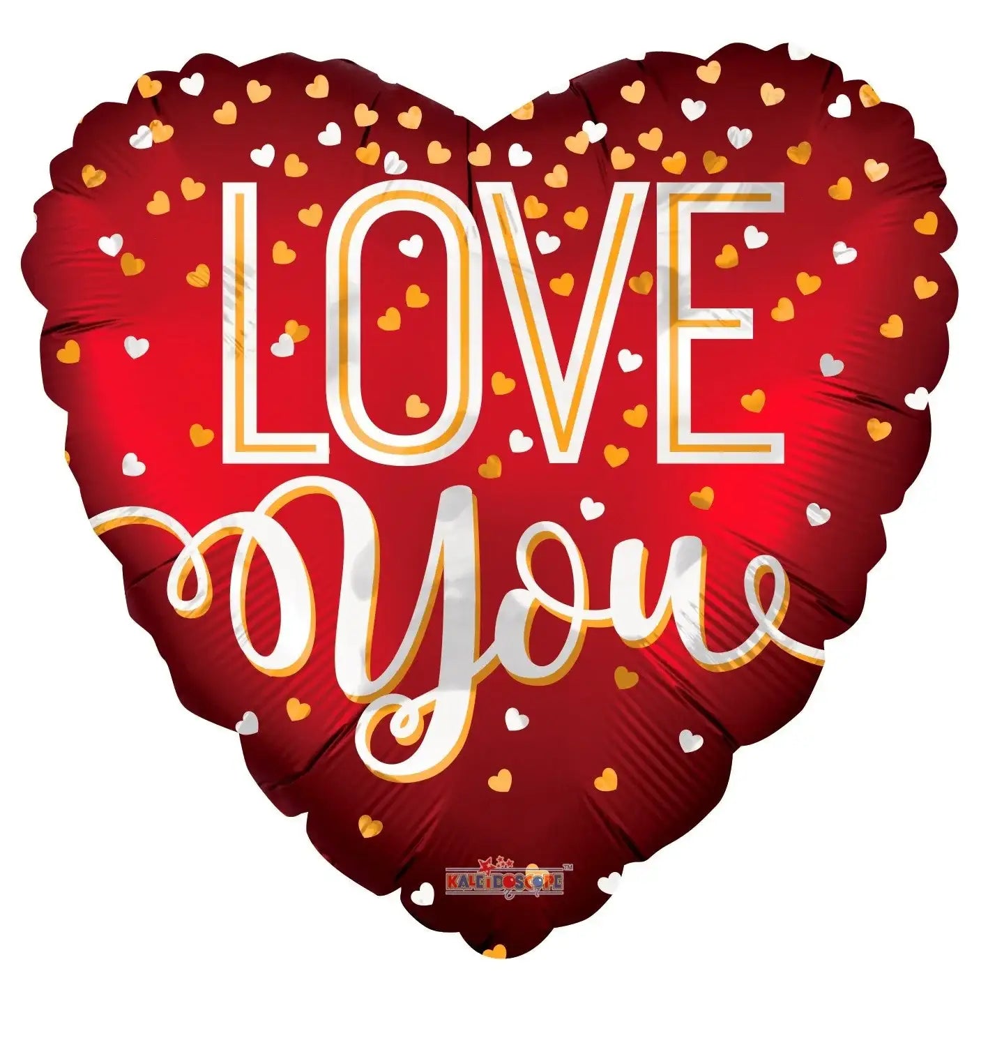 Red heart-shaped balloon with 'LOVE You' text and gold/white heart confetti, perfect for romantic gifts or Valentine's décor.
