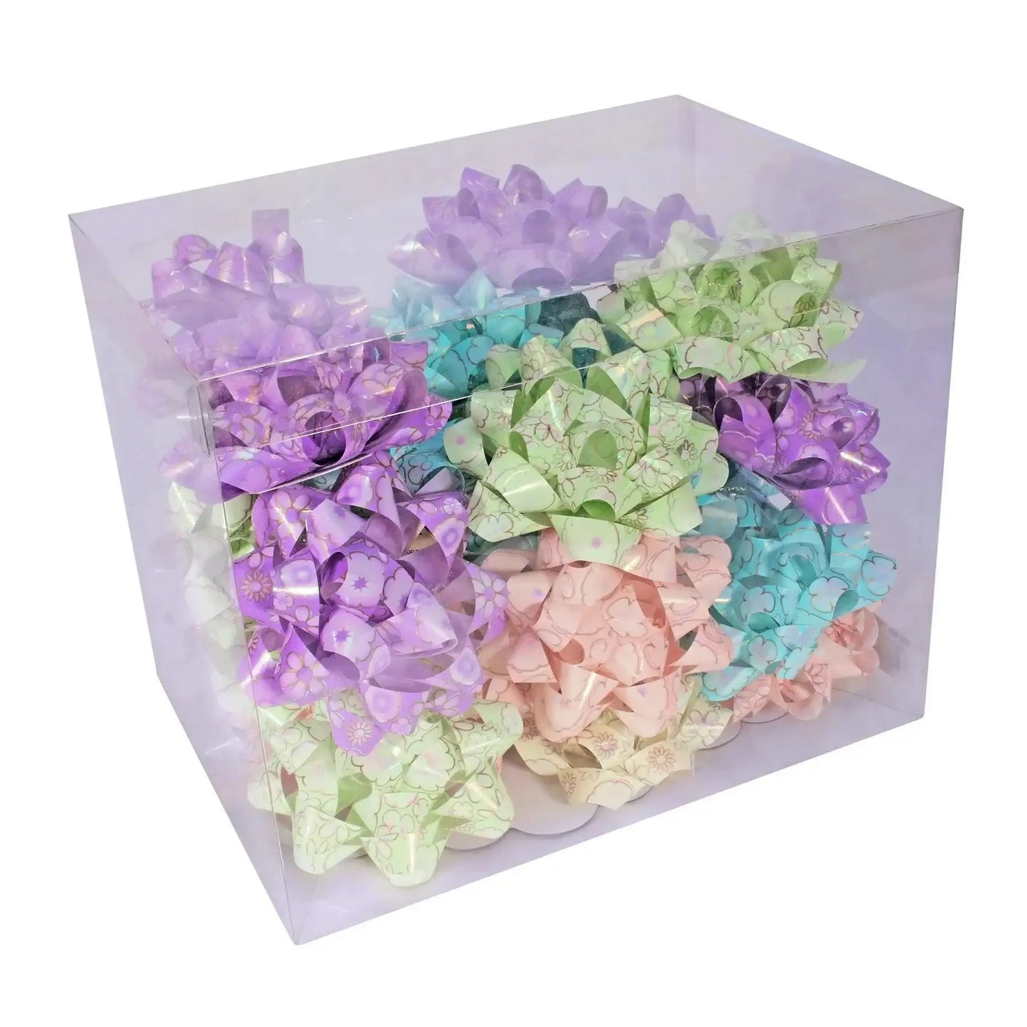 Clear box of assorted pastel floral gift bows for presents and celebrations