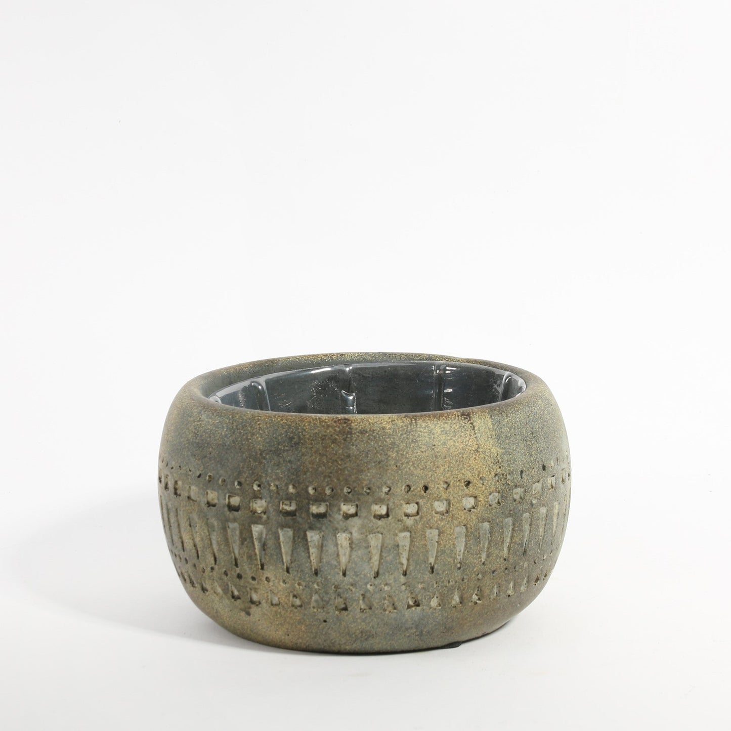 Round ceramic planter with rustic textured finish and geometric carved pattern, home decor accent