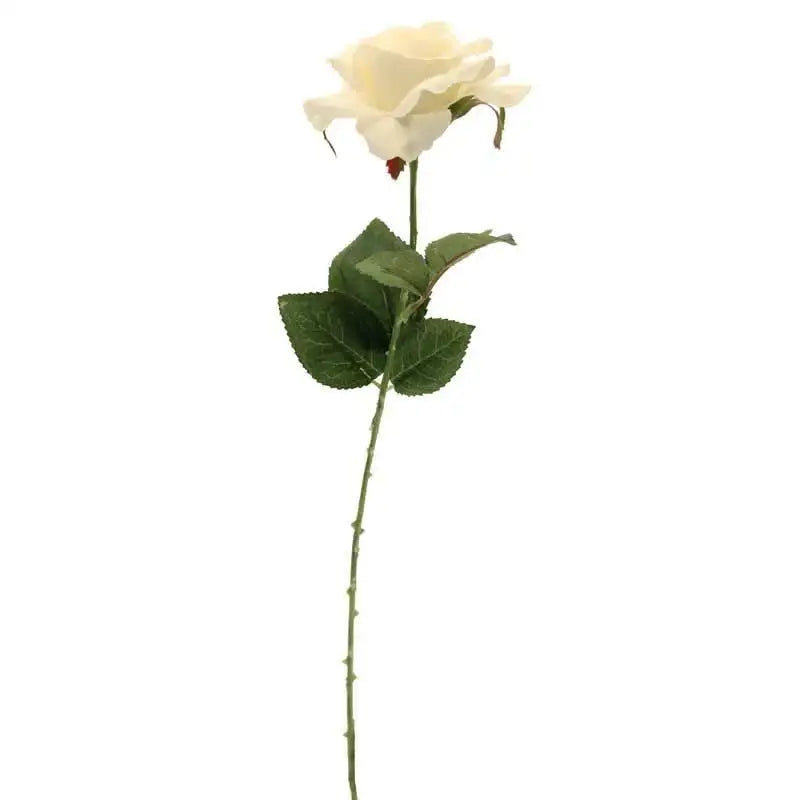 Elegant white rose with green leaves and stem, perfect for home décor or gifting occasions.