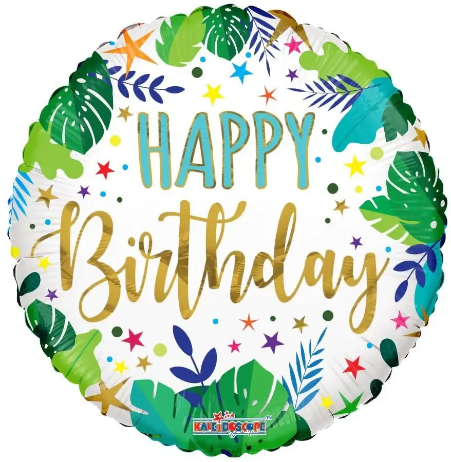 Happy Birthday foil balloon with tropical leaves and colorful stars for birthday celebrations