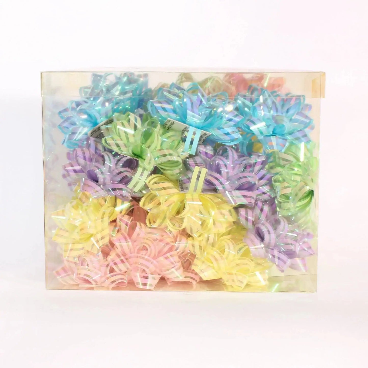 Box of assorted pastel gift bows for presents and decorations