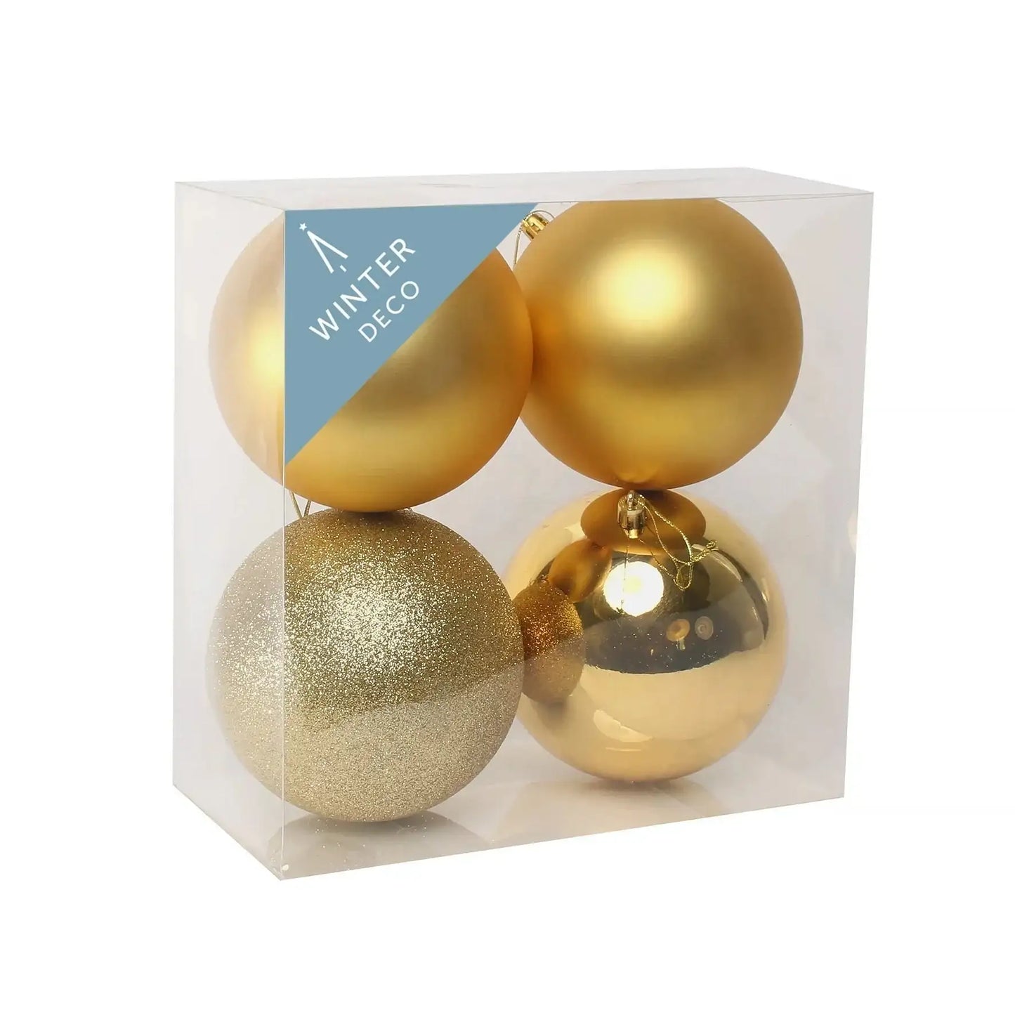 Gold Christmas ornaments in clear box, assorted finishes for holiday decor
