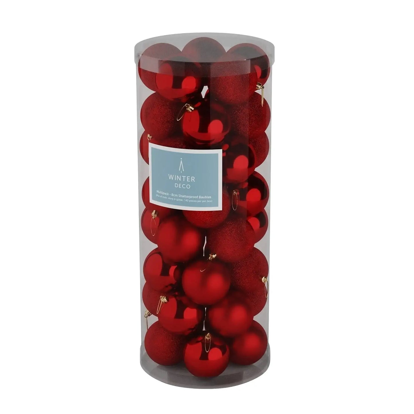 Red shatterproof Christmas baubles in clear tube, festive holiday decor for tree ornamentation