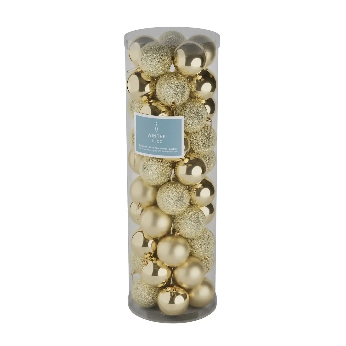Gold Christmas baubles in clear tube, shatterproof holiday decor for tree or home