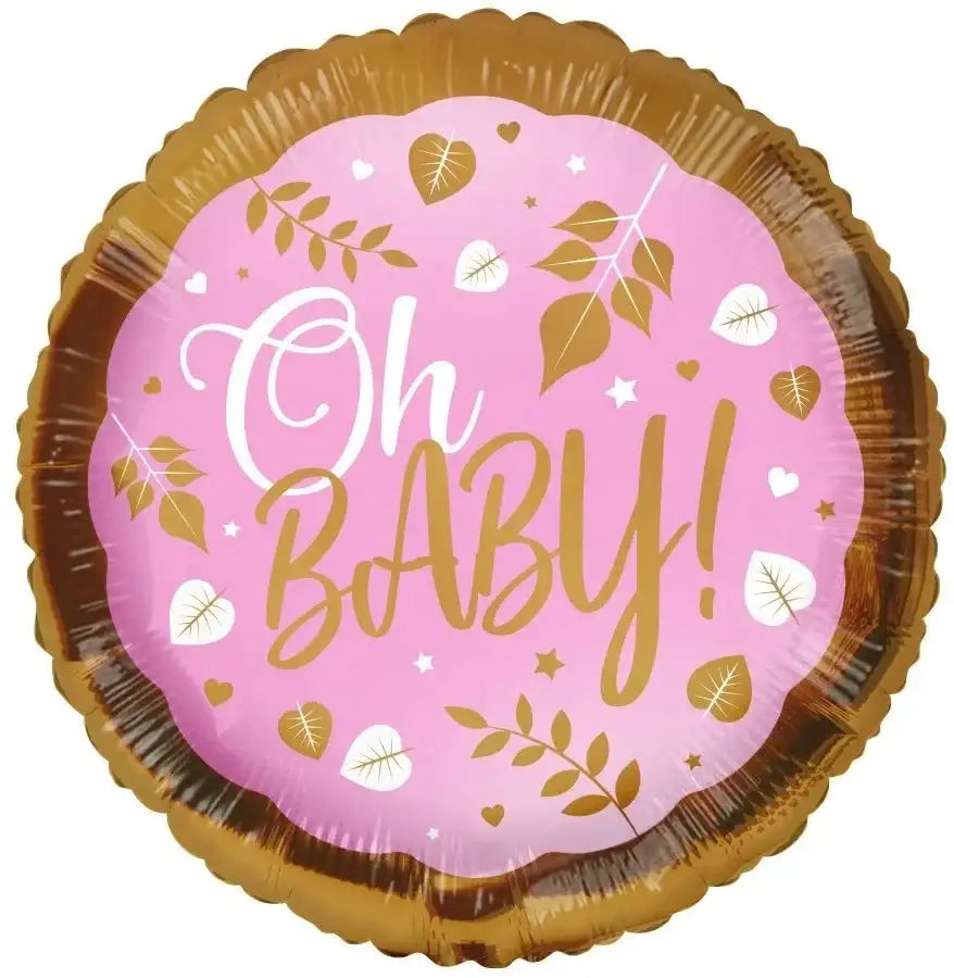 Pink and gold 'Oh BABY!' foil balloon with leaf and heart designs for baby shower celebrations