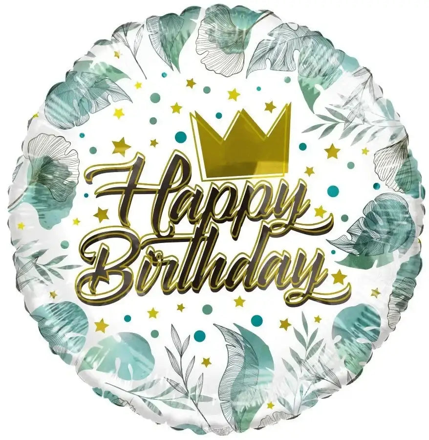Happy Birthday foil balloon with gold crown, green leaves, and stars for birthday celebrations