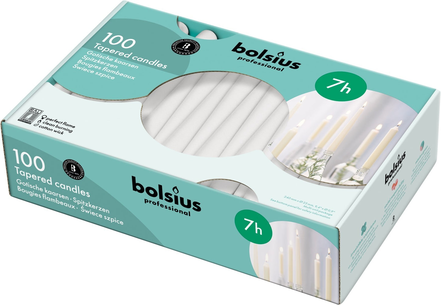 Discover the 100 Bolsius Professional Tapered Candles- White (240mm 23mm) at Bristow Direct