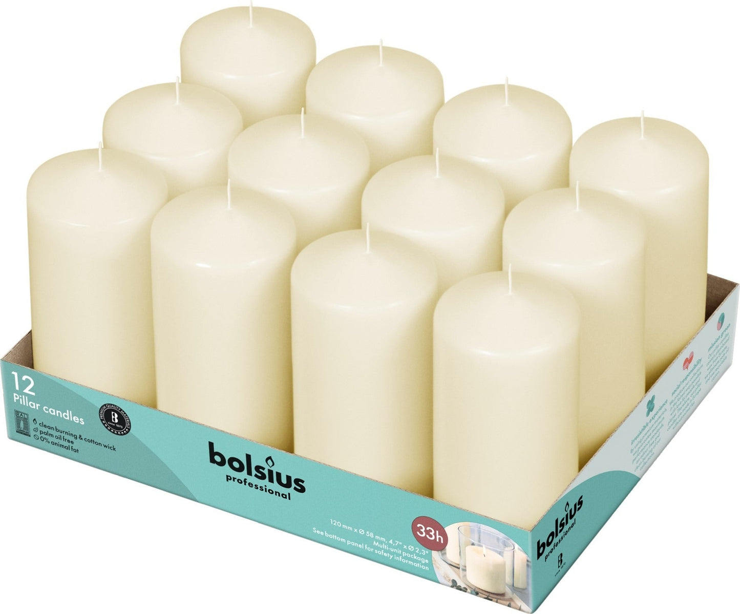 12 Bolsius Professional Pillar Candles - Ivory (118/58mm)