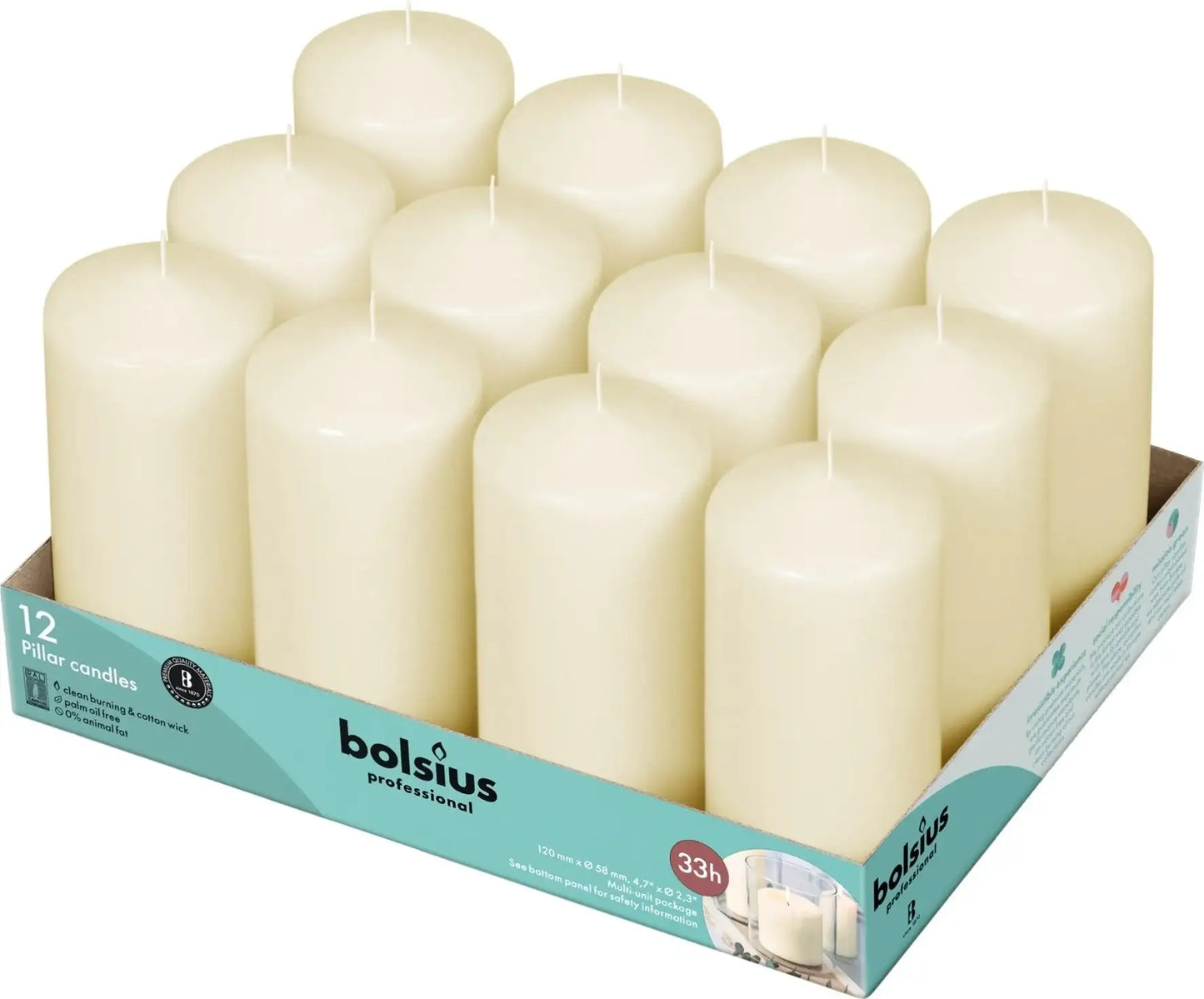 12 Bolsius Professional Pillar Candles - Ivory (118/58mm)