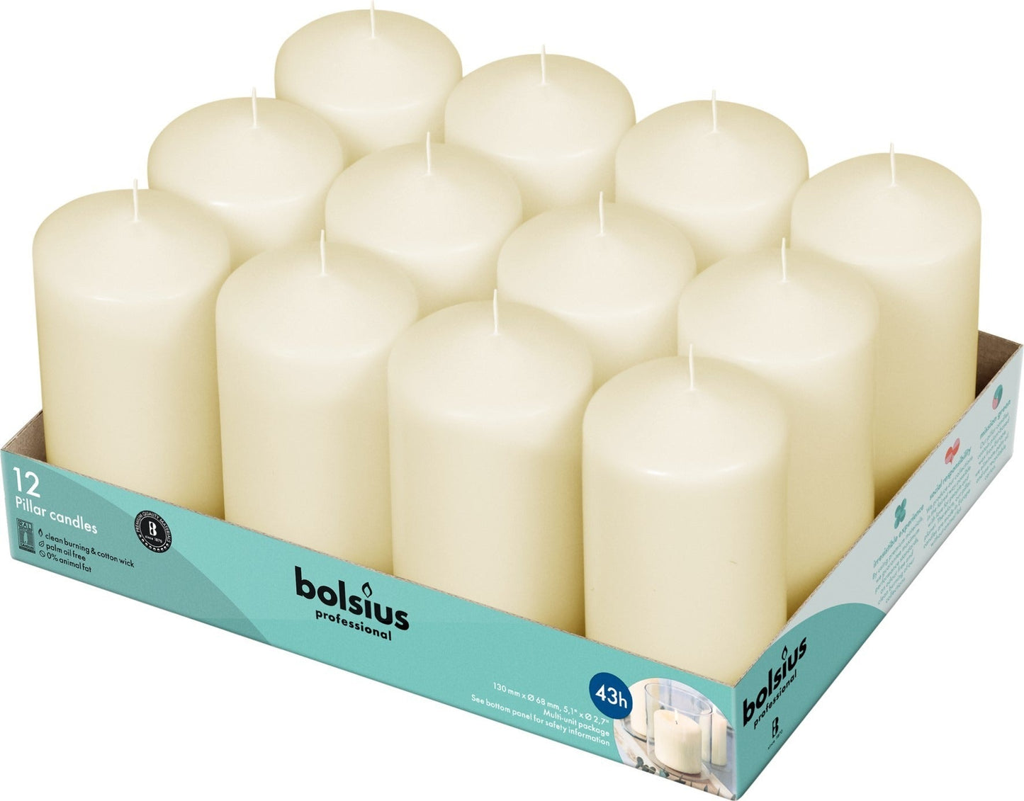12 Bolsius Professional Pillar Candles - Ivory (128/68mm)