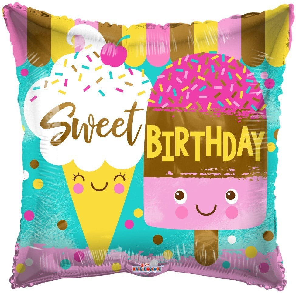 Colorful birthday balloon featuring smiling ice cream cone and popsicle with 'Sweet Birthday' text.