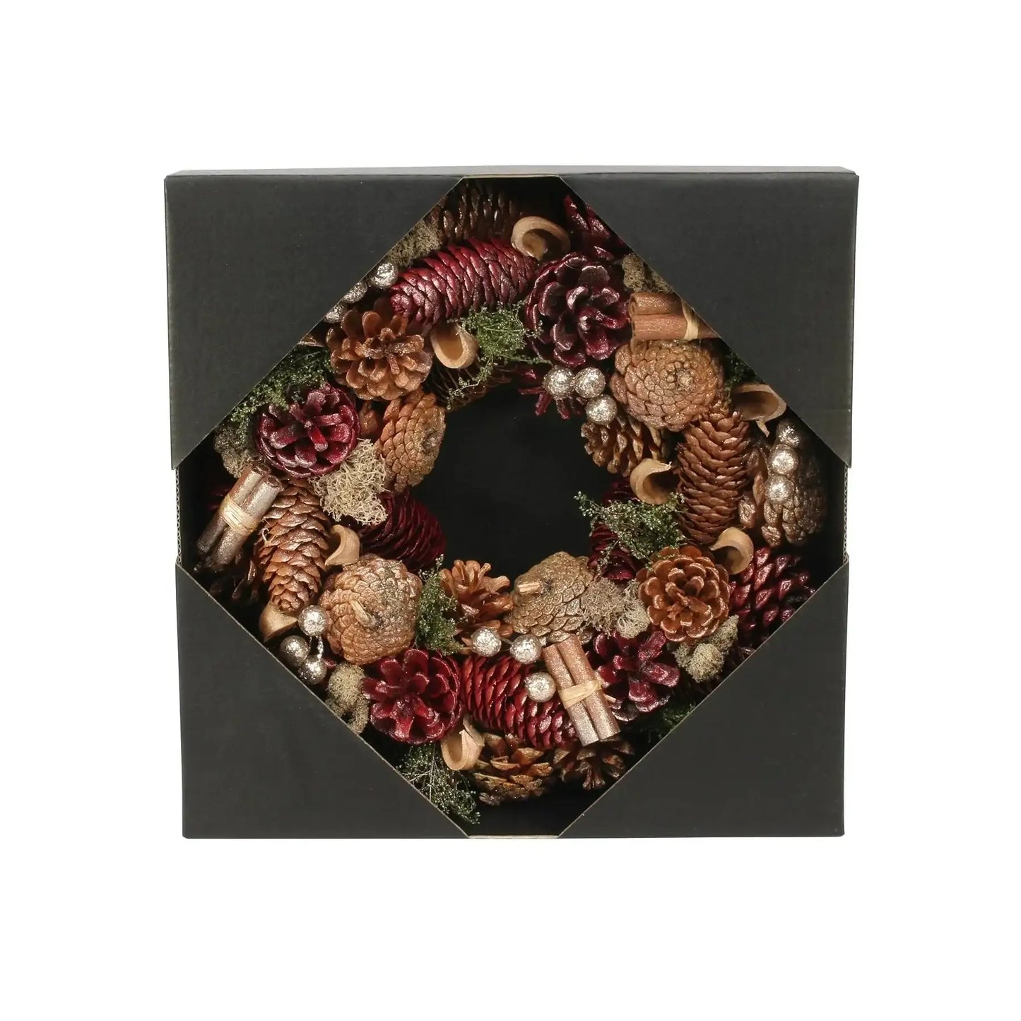 Festive pinecone wreath with red and gold accents in a black gift box, home décor
