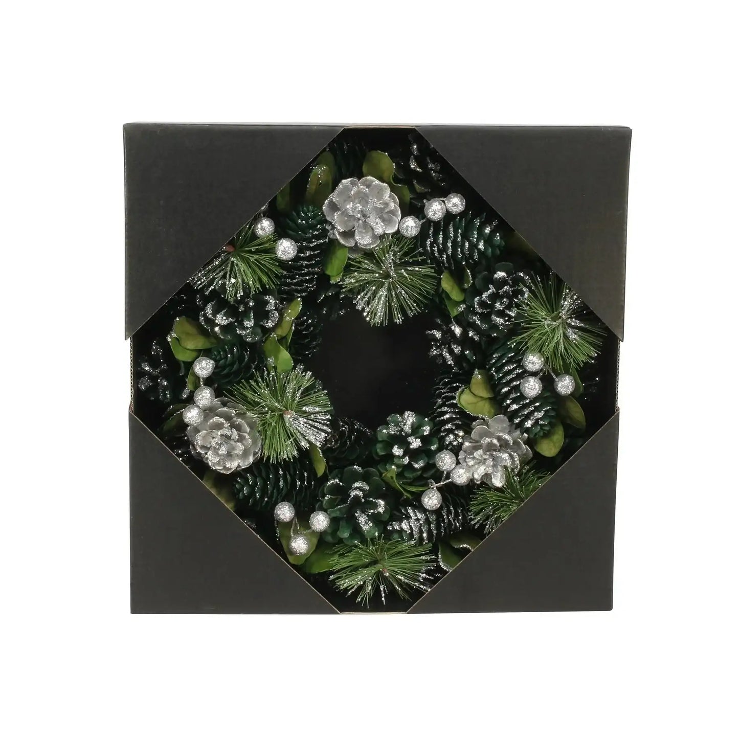 Green and Silver Glitter Pine Cone Wreath (30cm)