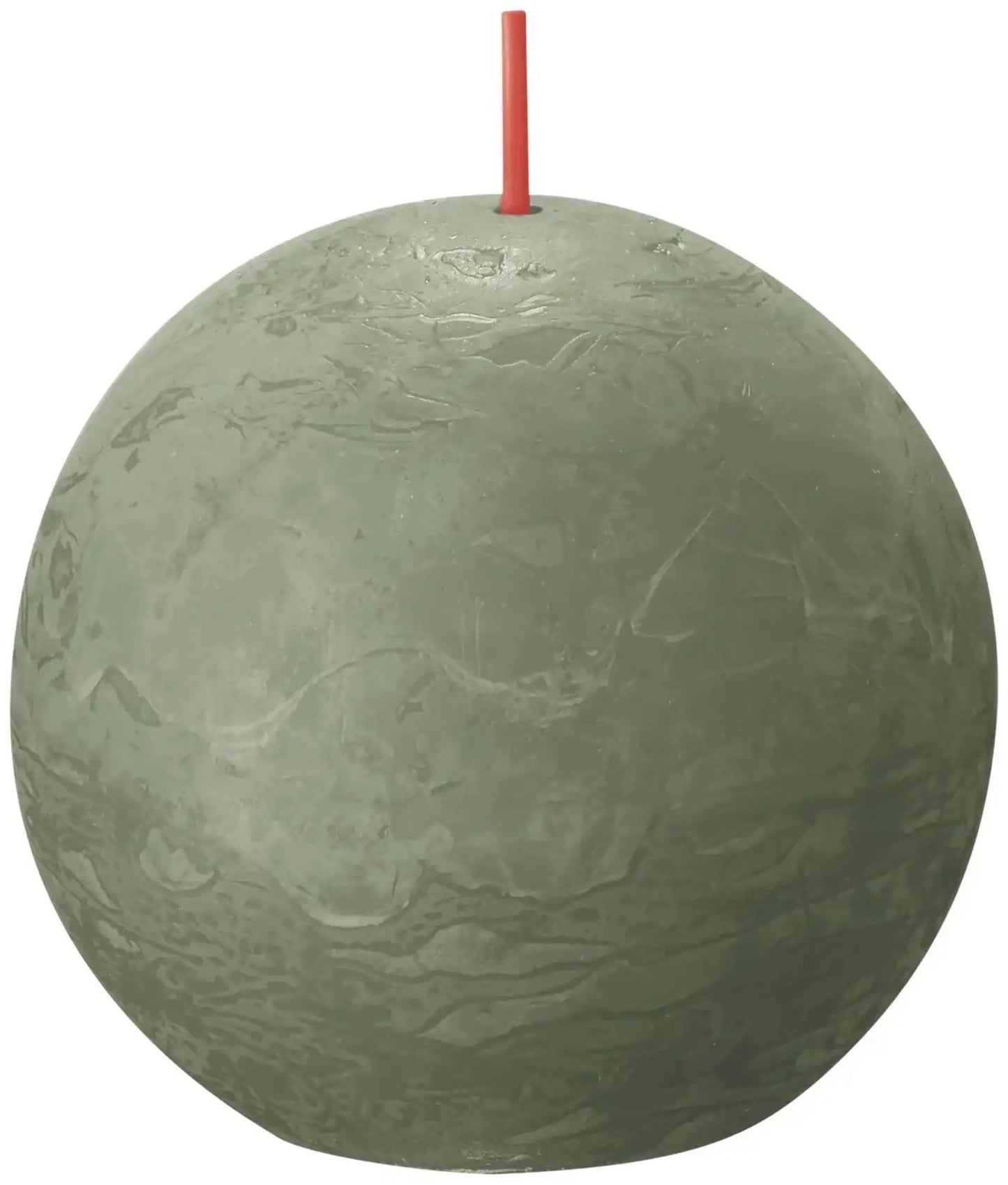 Round textured green decorative candle with red wick, home décor accent.