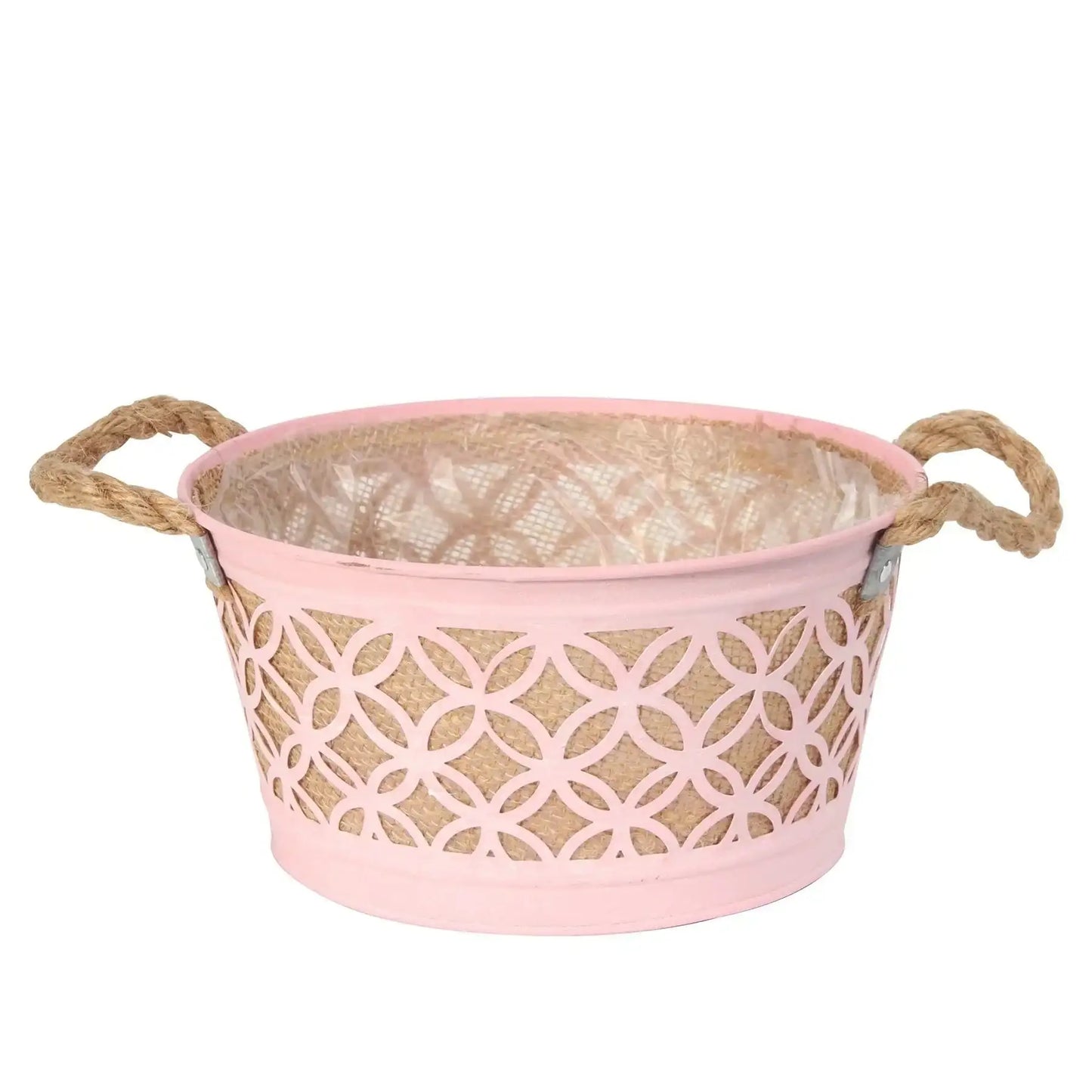 Round Pink Zinc Planter with Hessian Liner and Rope Handles