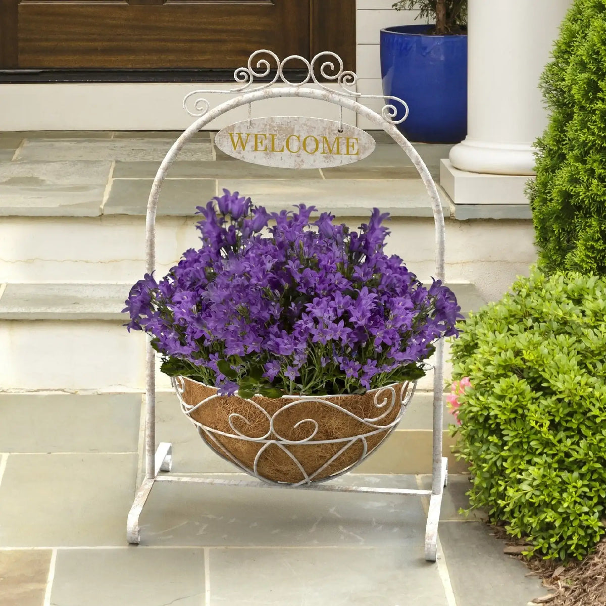 French Country Scroll Welcome Stand with Hanging Basket Distressed White