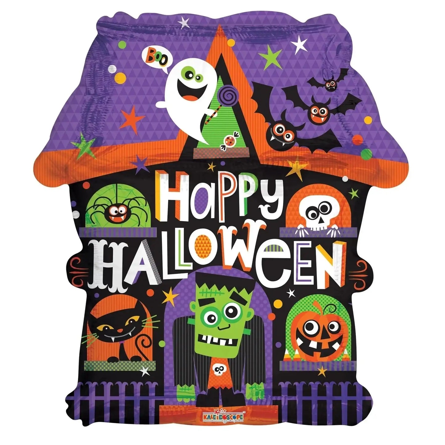 Happy Halloween haunted house balloon with ghost, bats, Frankenstein, pumpkin, and black cat for festive party décor
