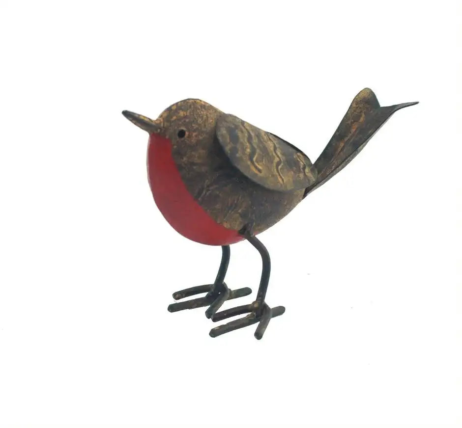 Metal robin bird figurine with red breast, rustic home décor for shelves or mantels