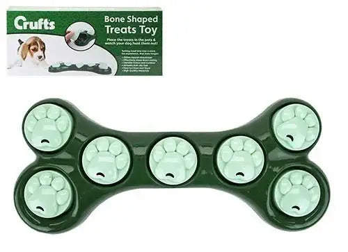 Bone-shaped green dog treat puzzle toy with paw print lids, perfect for pet enrichment