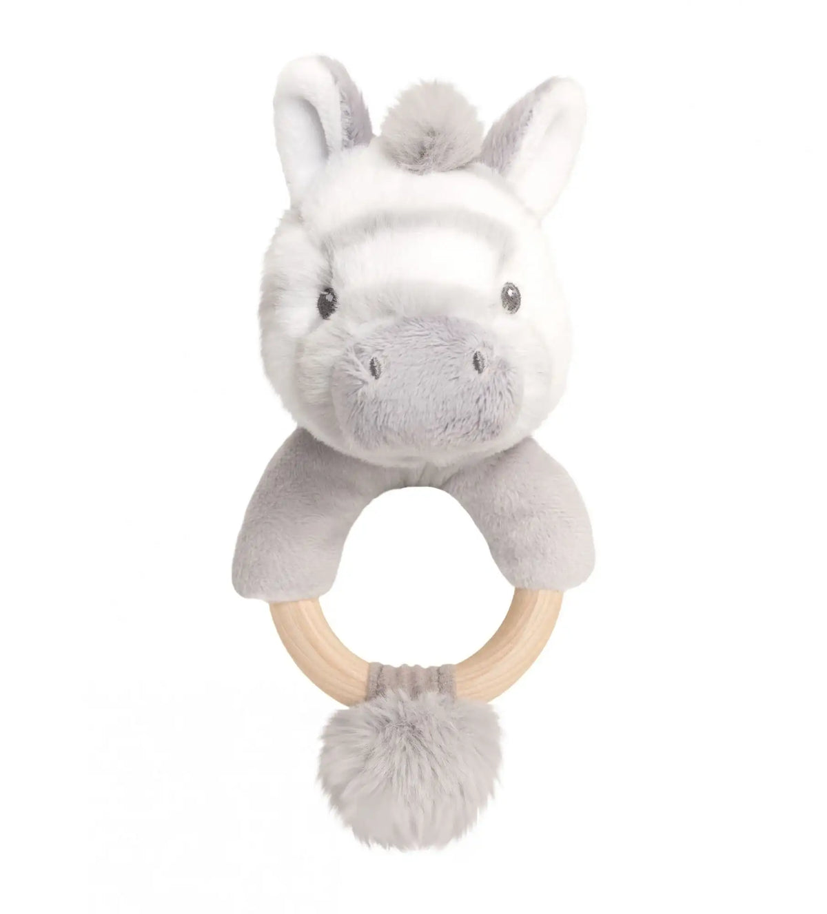 Soft grey zebra baby rattle with wooden ring and pom-poms, perfect newborn gift