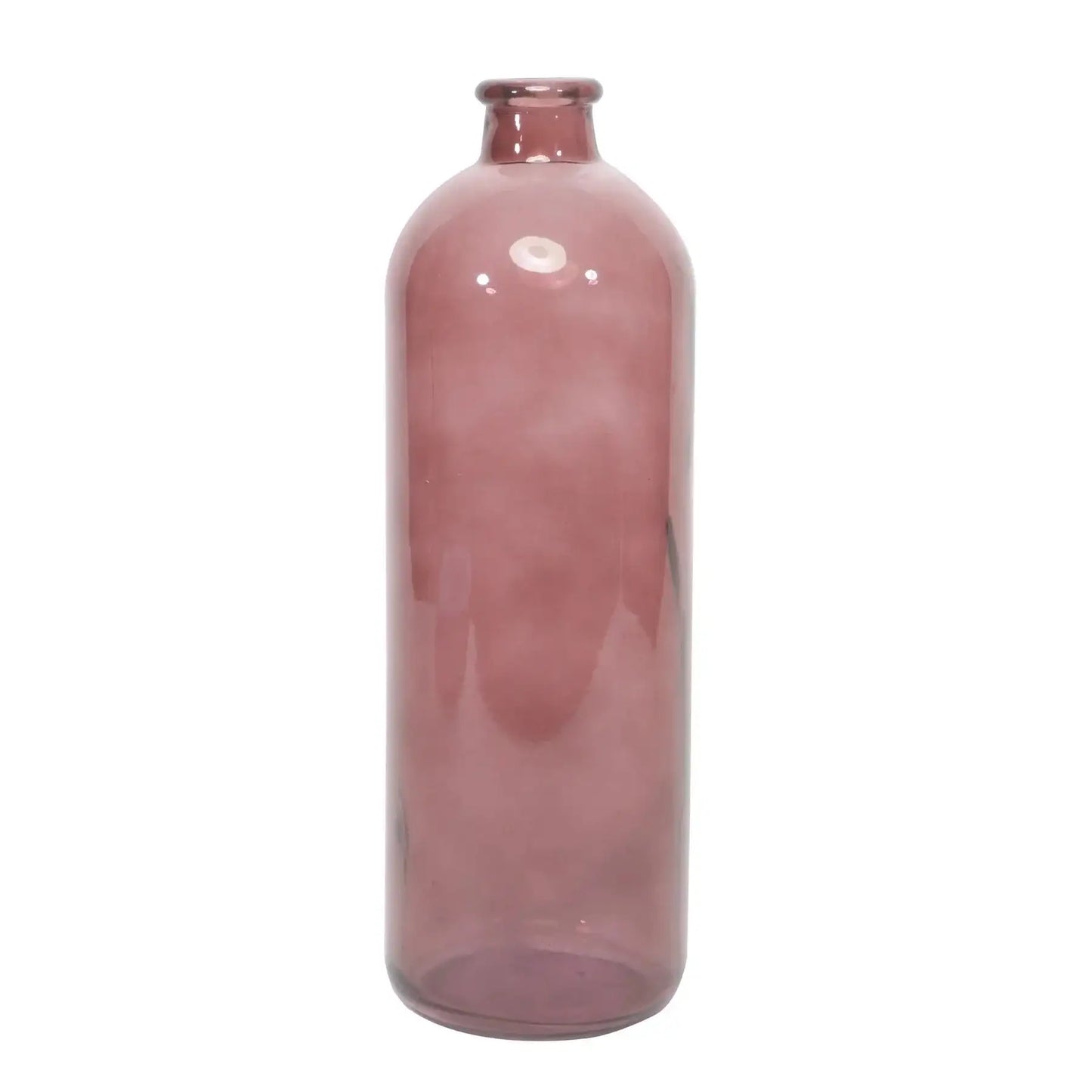 Tall mauve glass vase with narrow neck, modern minimalist home decor accent.