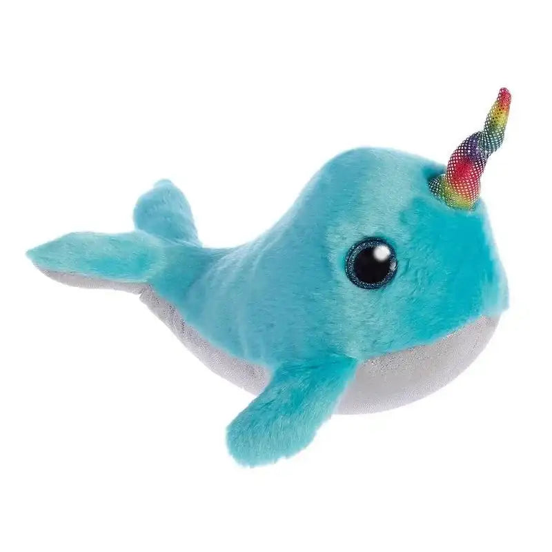 Blue narwhal plush toy with rainbow horn, soft stuffed animal for kids' gifts and home décor