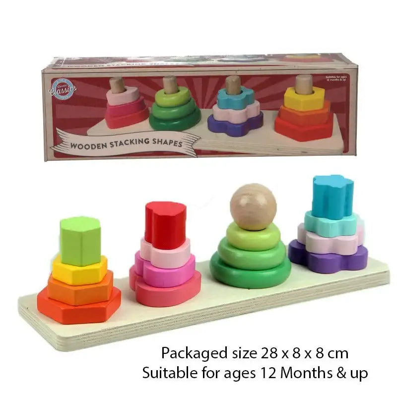 Colorful wooden stacking shapes toy for toddlers, educational Montessori-style blocks in rainbow colors